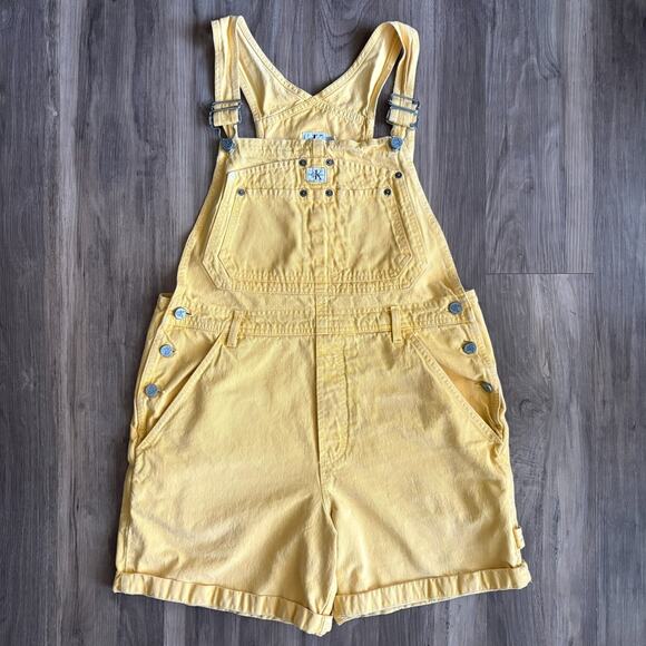 Vintage Calvin Klein Bib Overalls Shorts Women's Size M Yellow 1990s - Picture 1 of 8
